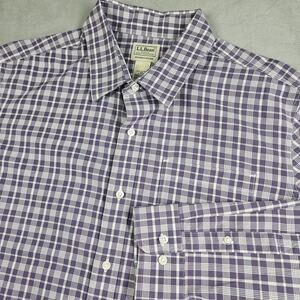 LL Bean Shirt Men's Large Button Down Purple Plaid Long Sleeve Slightly Fitted